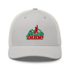 Mountain Dude embroidered silver trucker hat front view – funny hiking outdoor cap