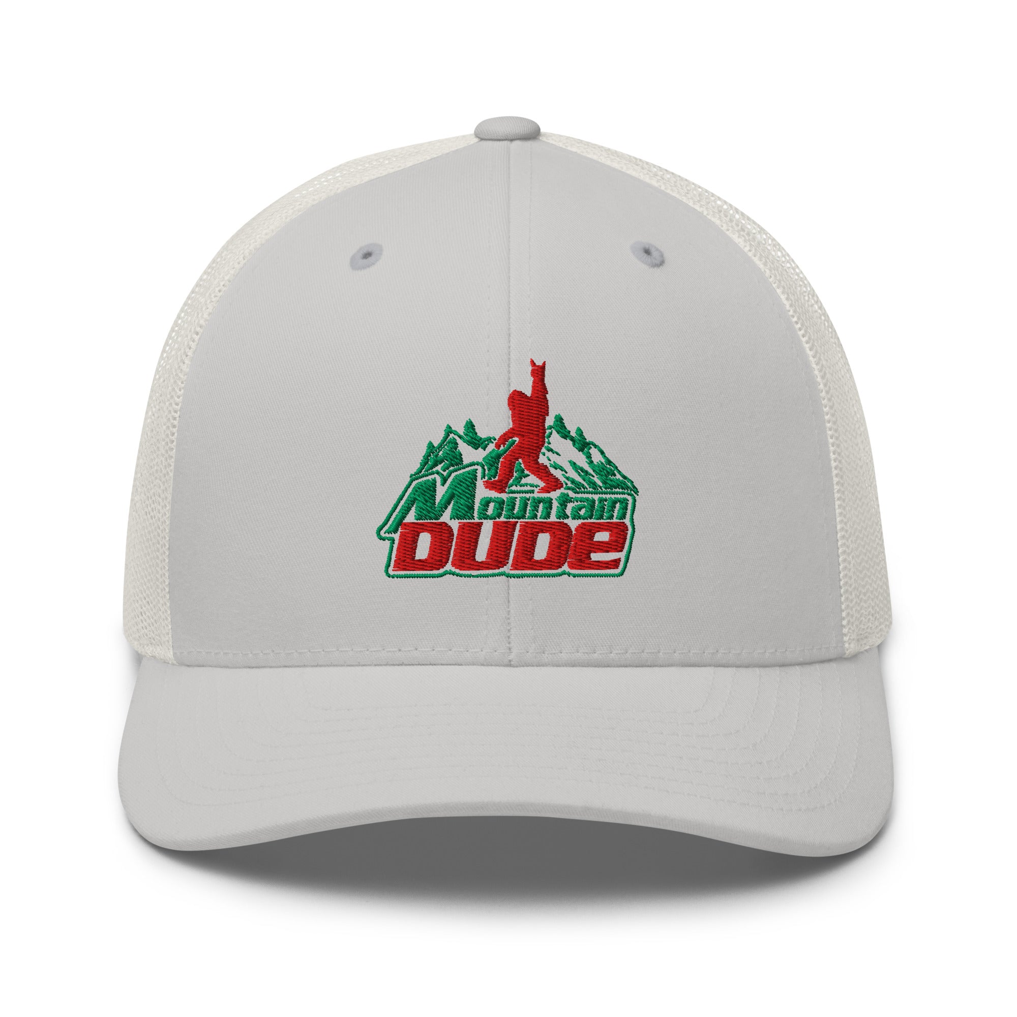 Mountain Dude embroidered silver trucker hat front view – funny hiking outdoor cap