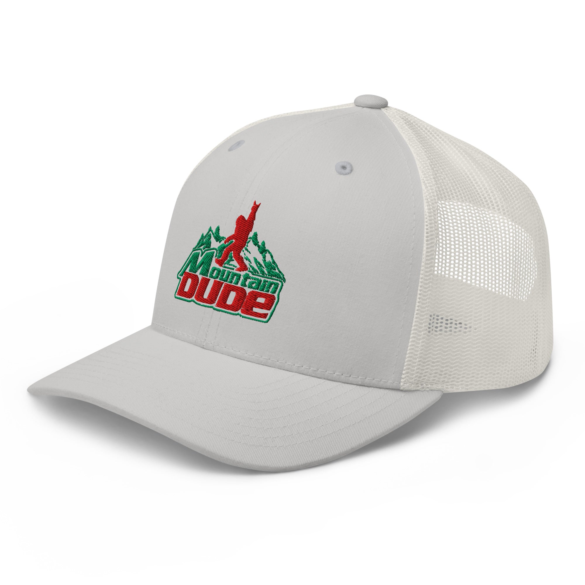 Silver Mountain Dude trucker hat side view – funny embroidered hiking cap