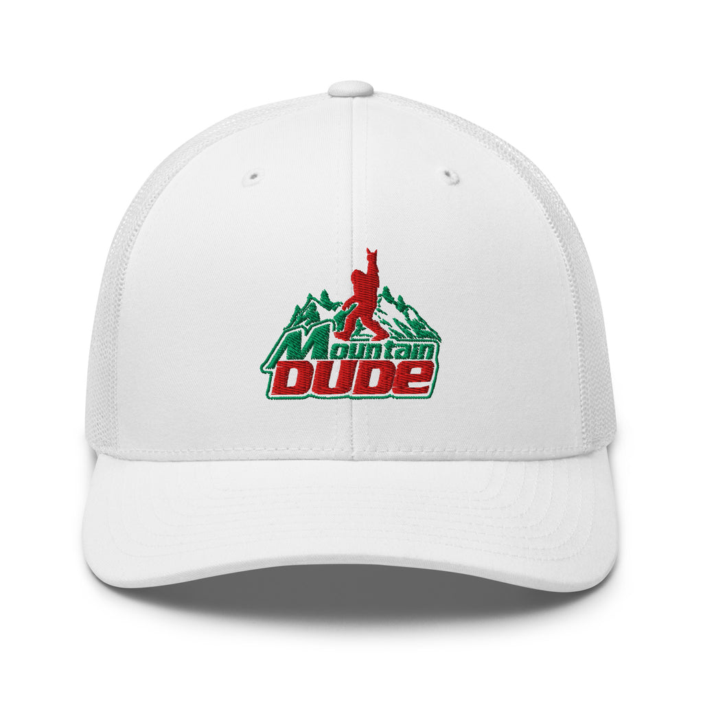 Mountain Dude embroidered white trucker hat front view – funny hiking outdoor cap