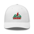 Mountain Dude embroidered white trucker hat front view – funny hiking outdoor cap