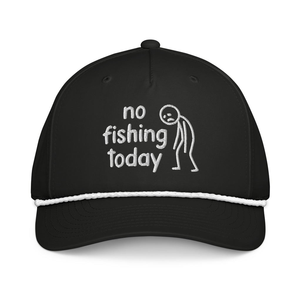 No Fishing Today embroidered black rope hat with white rope front view – funny fishing cap