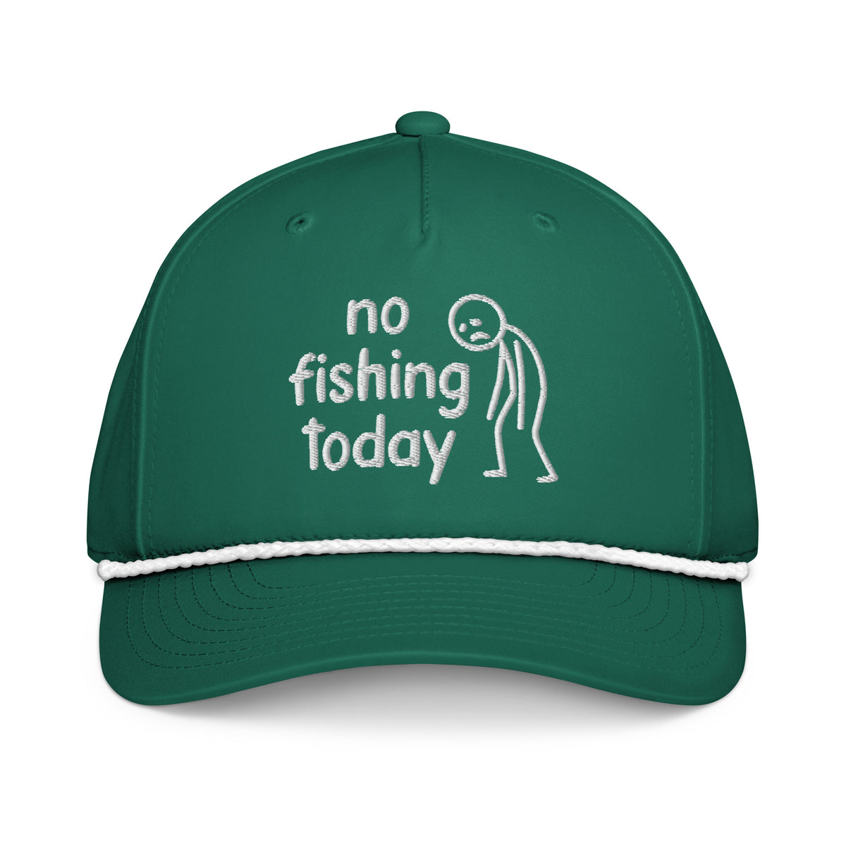 No Fishing Today embroidered kelly green rope hat with white rope front view – funny fishing cap