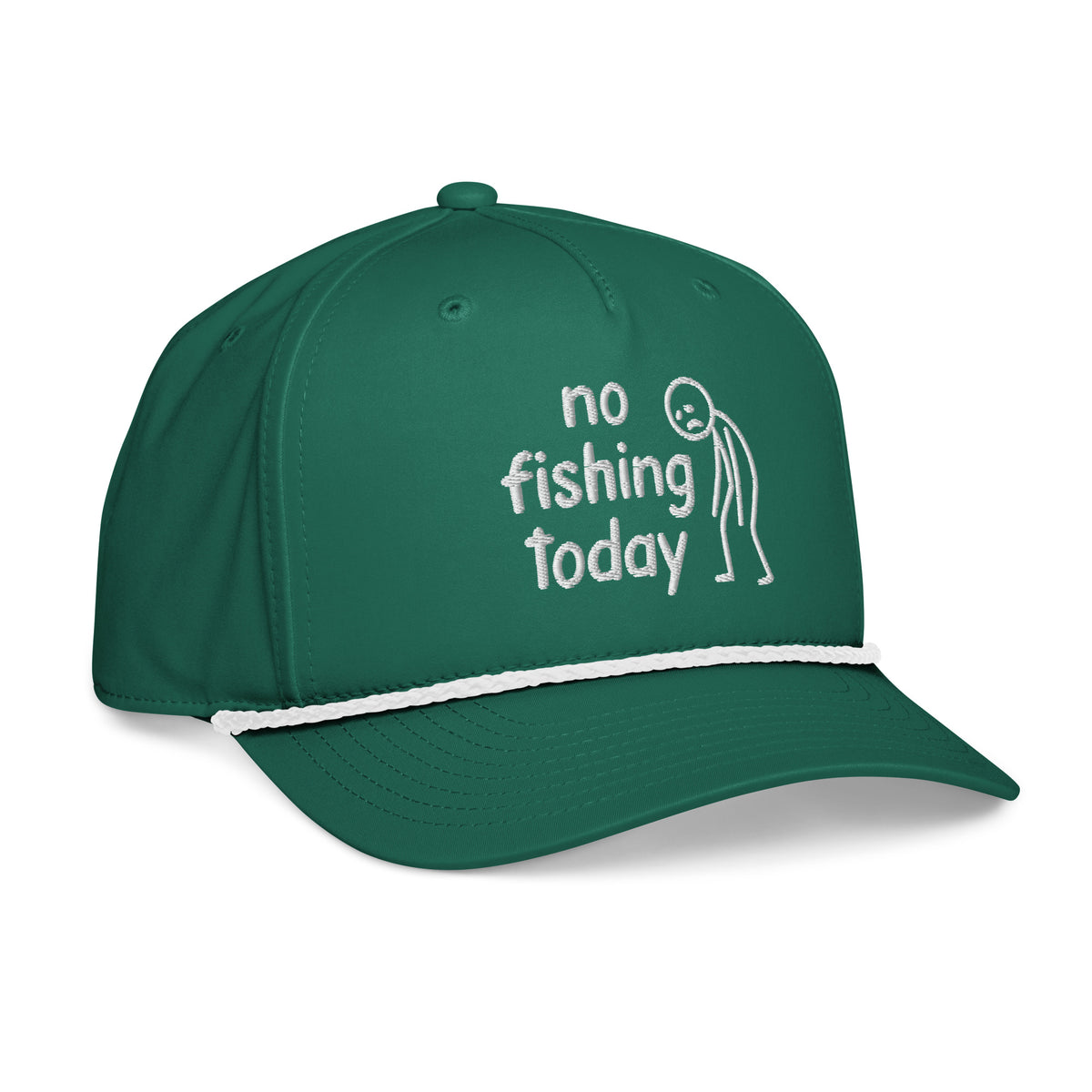 Kelly green No Fishing Today rope hat with white rope side view – funny embroidered fishing cap