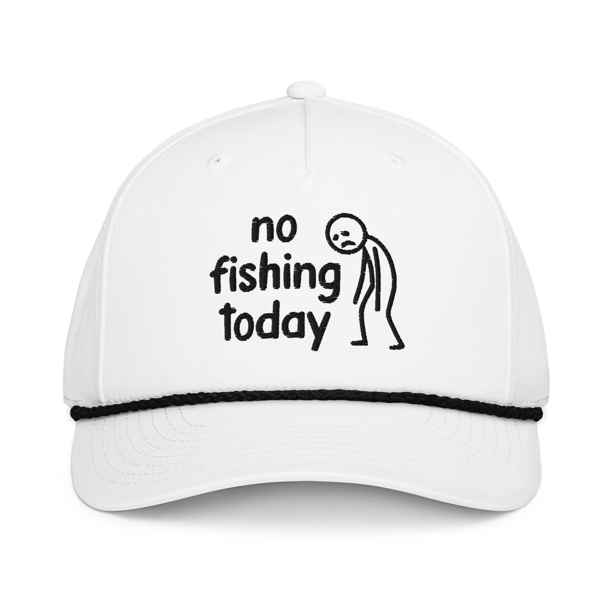 No Fishing Today embroidered white rope hat with black rope front view – funny fishing cap