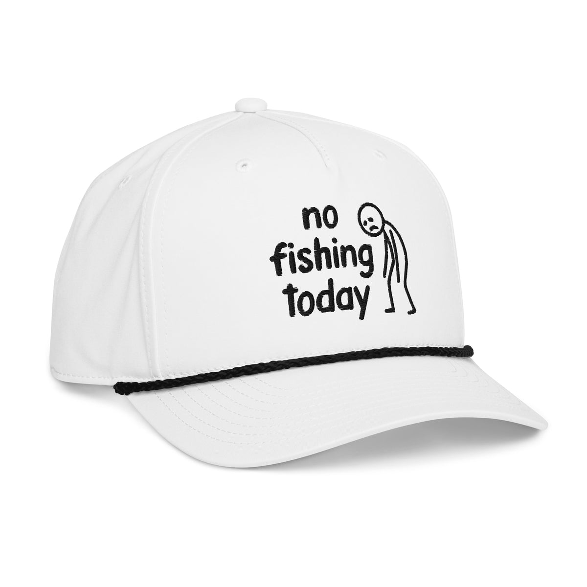 White No Fishing Today rope hat with black rope side view – funny embroidered fishing cap