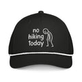 No Hiking Today embroidered black rope hat with white rope front view – funny hiking cap