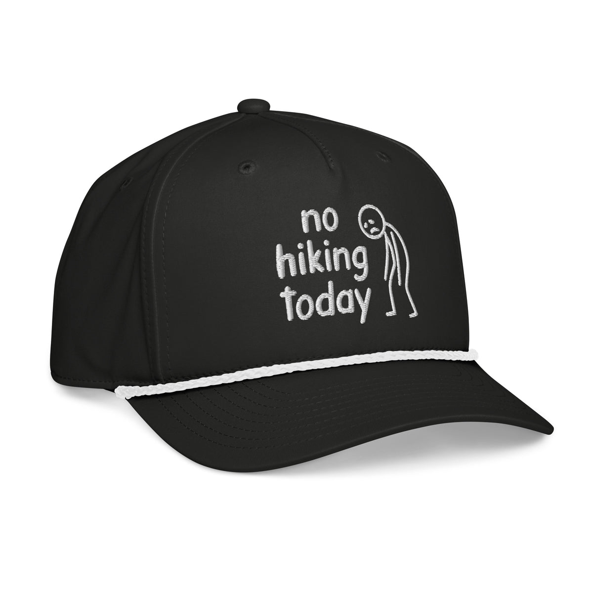 Black No Hiking Today rope hat with white rope side view – funny embroidered hiking cap