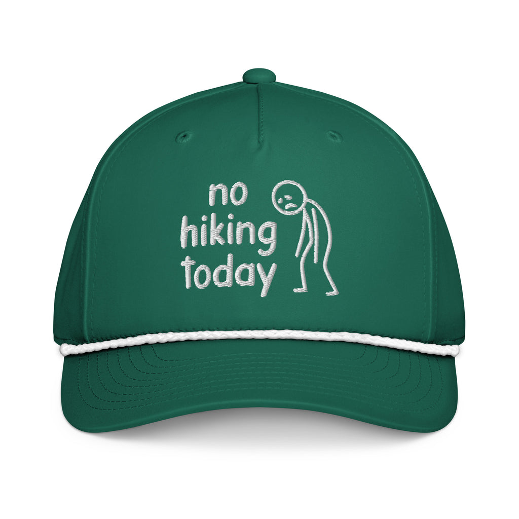 No Hiking Today embroidered kelly green rope hat with white rope front view – funny hiking cap