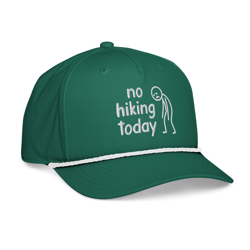 Kelly green No Hiking Today rope hat with white rope side view – funny embroidered hiking cap