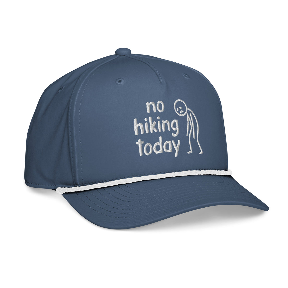 Light blue No Hiking Today rope hat with white rope side view – funny embroidered hiking cap