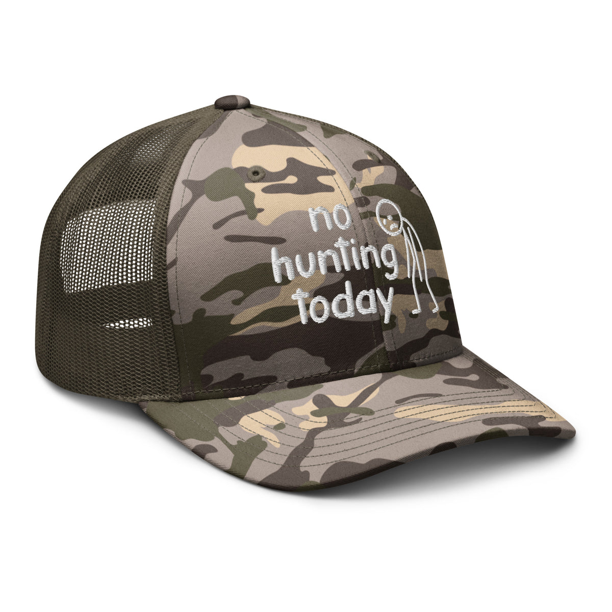 No Hunting Today camo trucker hat side view – funny embroidered hunting cap