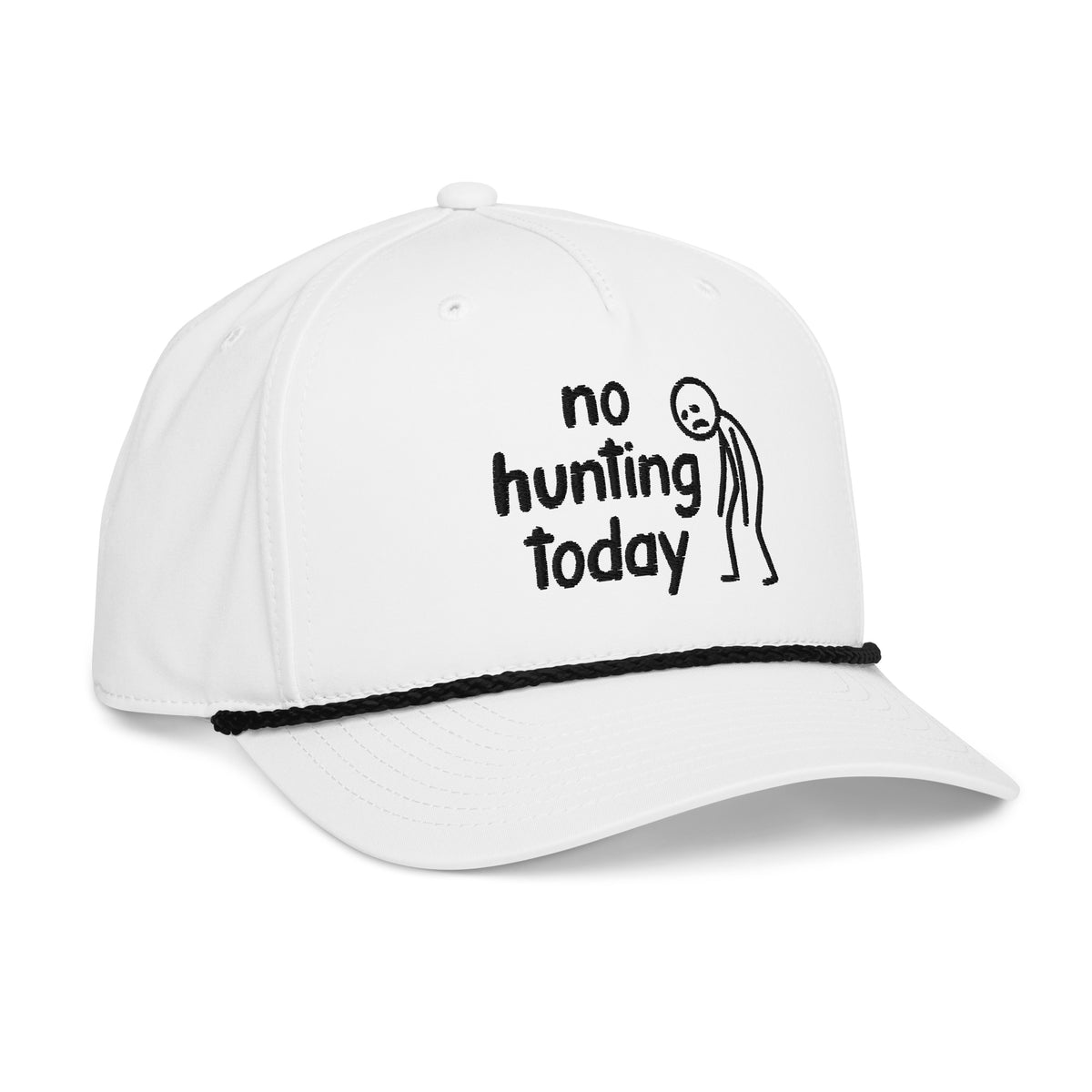 White No Hunting Today rope hat with black rope side view – funny embroidered hunting cap