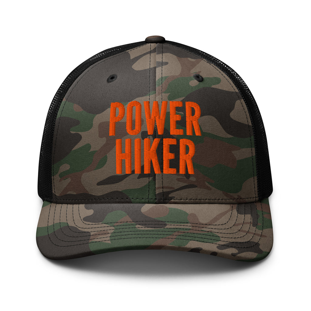Power Hiker embroidered camo trucker hat front view – funny hiking cap for trail hikers