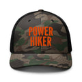 Power Hiker embroidered camo trucker hat front view – funny hiking cap for trail hikers