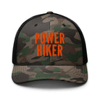 Power Hiker embroidered camo trucker hat front view – funny hiking cap for trail hikers