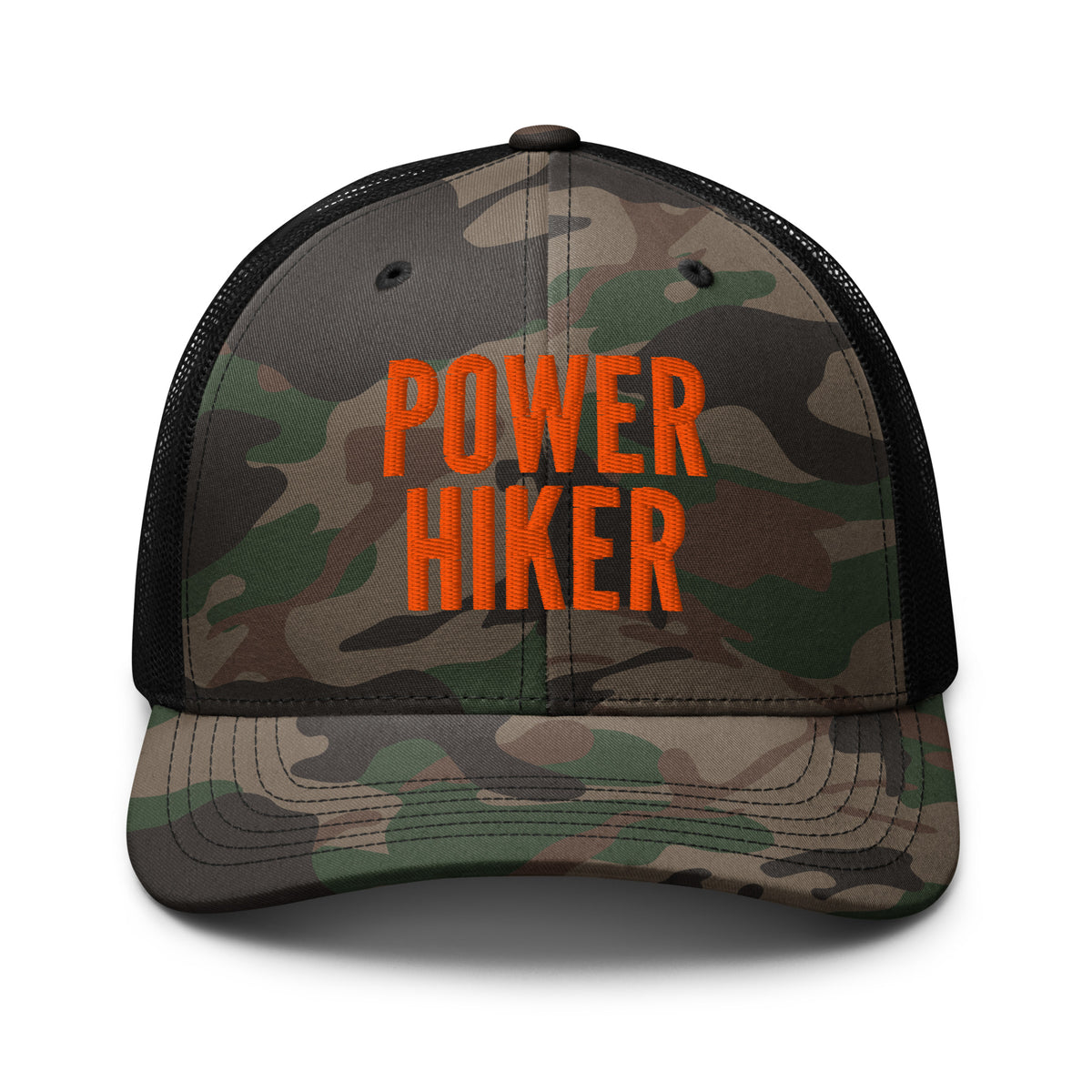 Power Hiker embroidered camo trucker hat front view – funny hiking cap for trail hikers