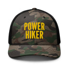 Power Hiker camo trucker hat gold embroidery front view – hiking cap for trail hikers