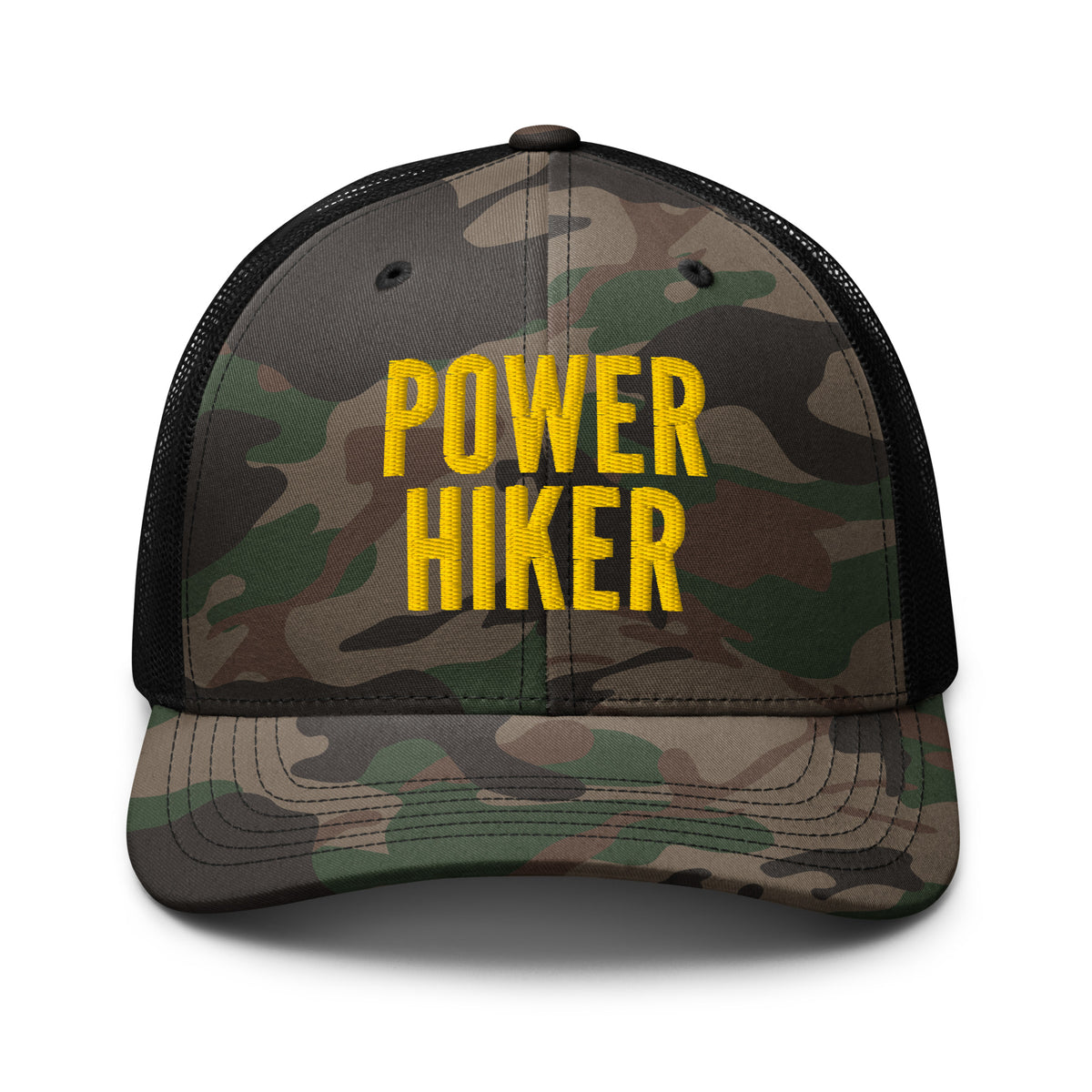 Power Hiker camo trucker hat gold embroidery front view – hiking cap for trail hikers