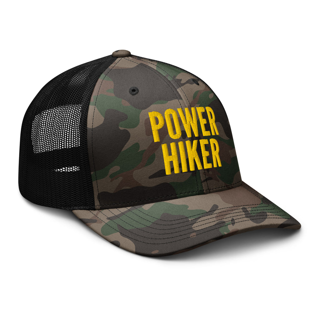 Power Hiker camo trucker hat gold embroidery side view – embroidered outdoor cap for hikers