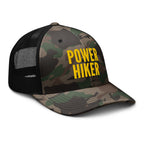 Power Hiker camo trucker hat gold embroidery side view – embroidered outdoor cap for hikers