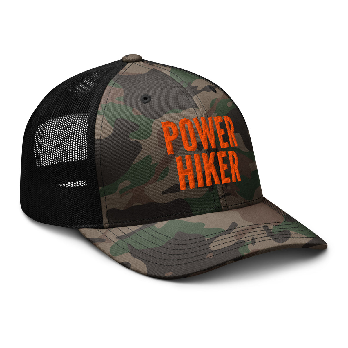 Power Hiker camo trucker hat side view – funny embroidered cap for men and women hikers