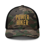 Power Hiker camo trucker hat tan embroidery front view – embroidered hiking cap for outdoor wear