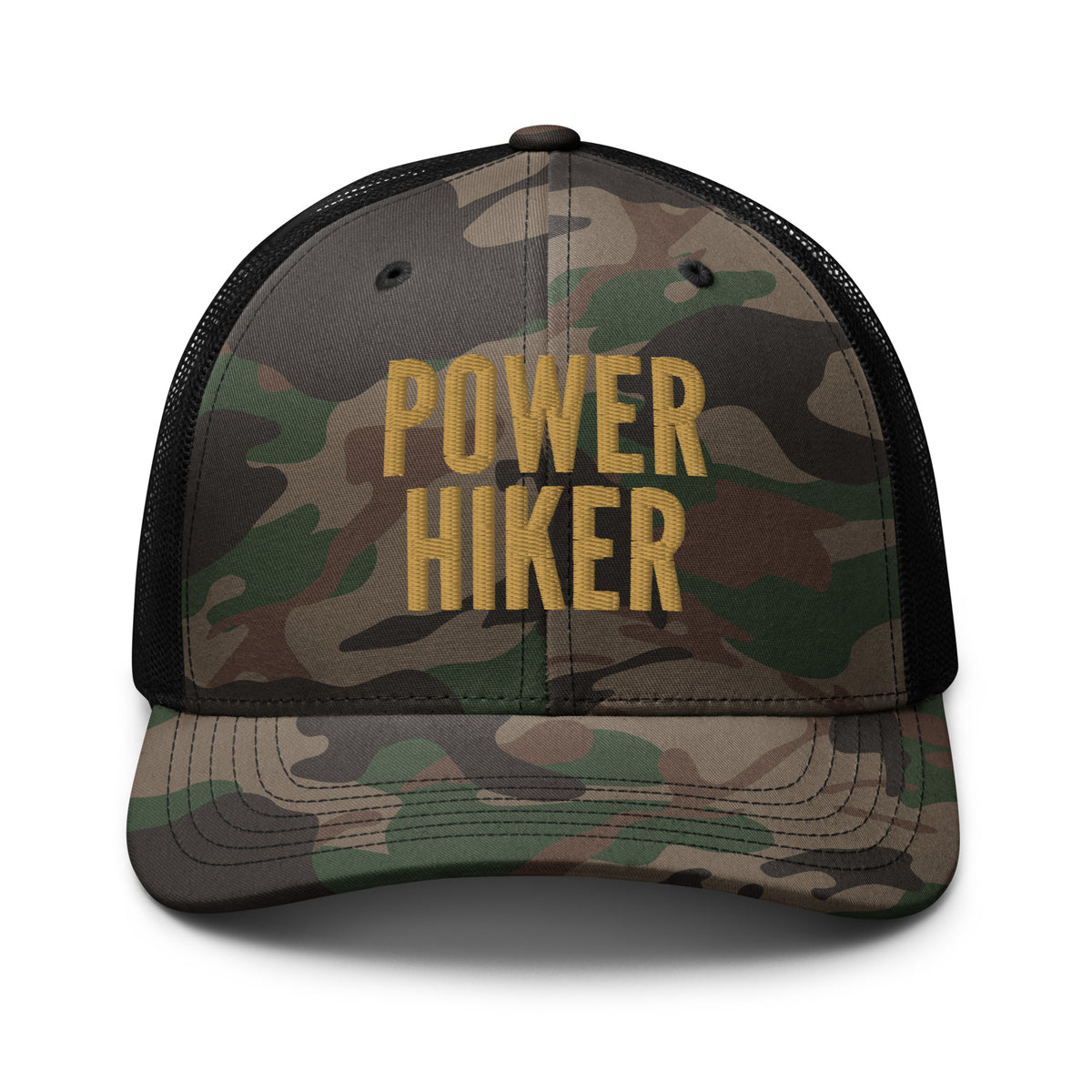 Power Hiker camo trucker hat tan embroidery front view – embroidered hiking cap for outdoor wear