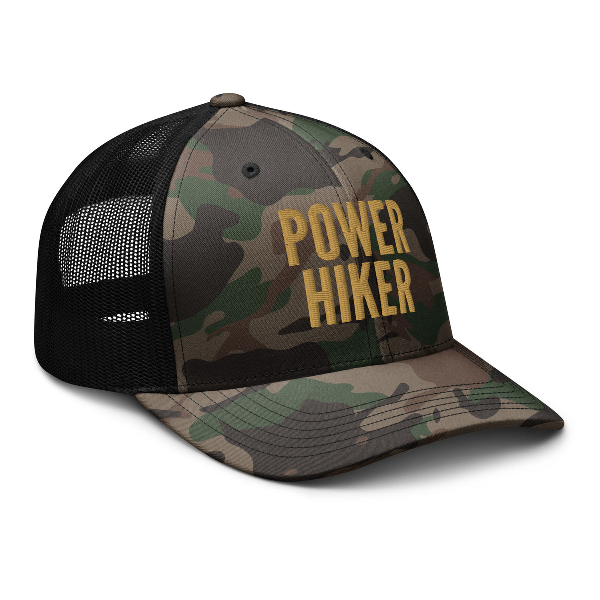 Power Hiker camo trucker hat tan embroidery side view – camo outdoor cap for serious hikers