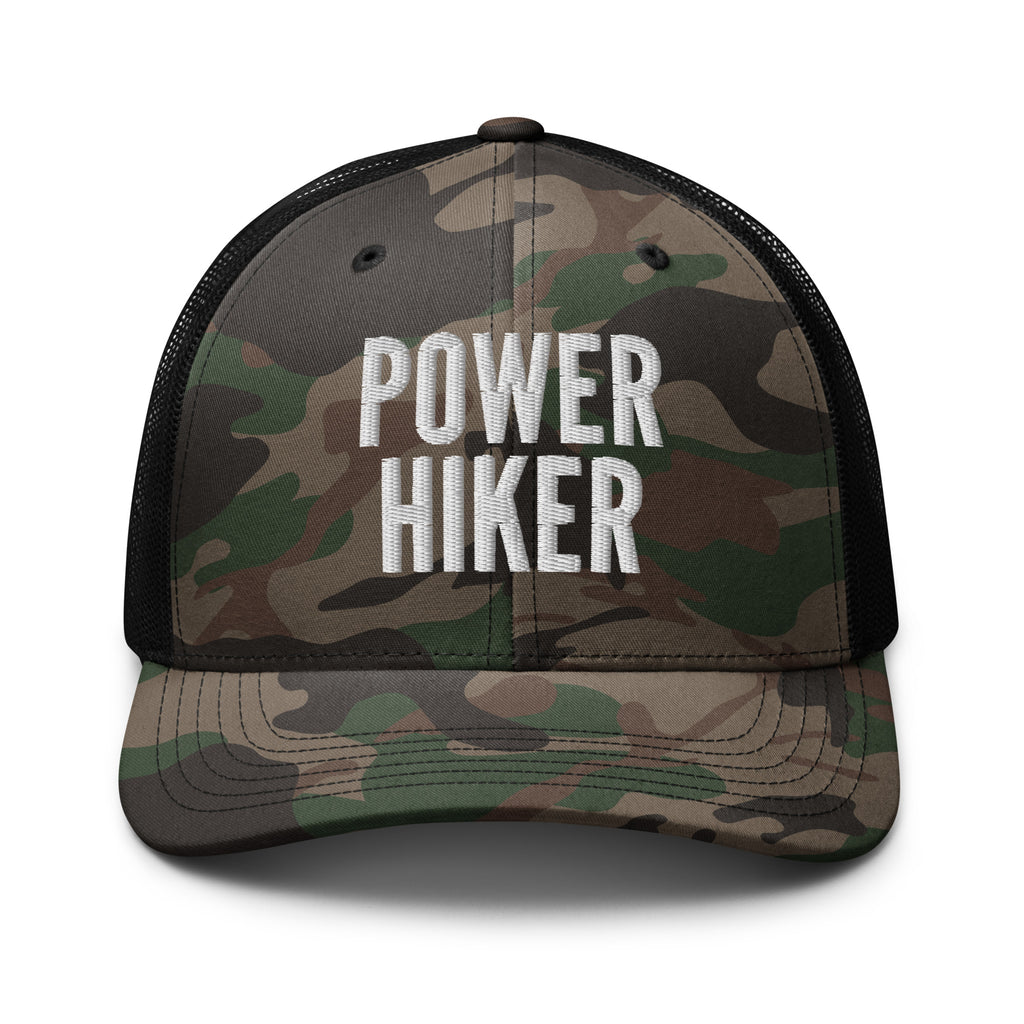 Power Hiker camo trucker hat white embroidery front view – funny hiking cap for men and women