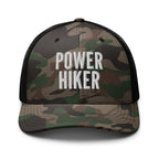 Power Hiker camo trucker hat white embroidery front view – funny hiking cap for men and women