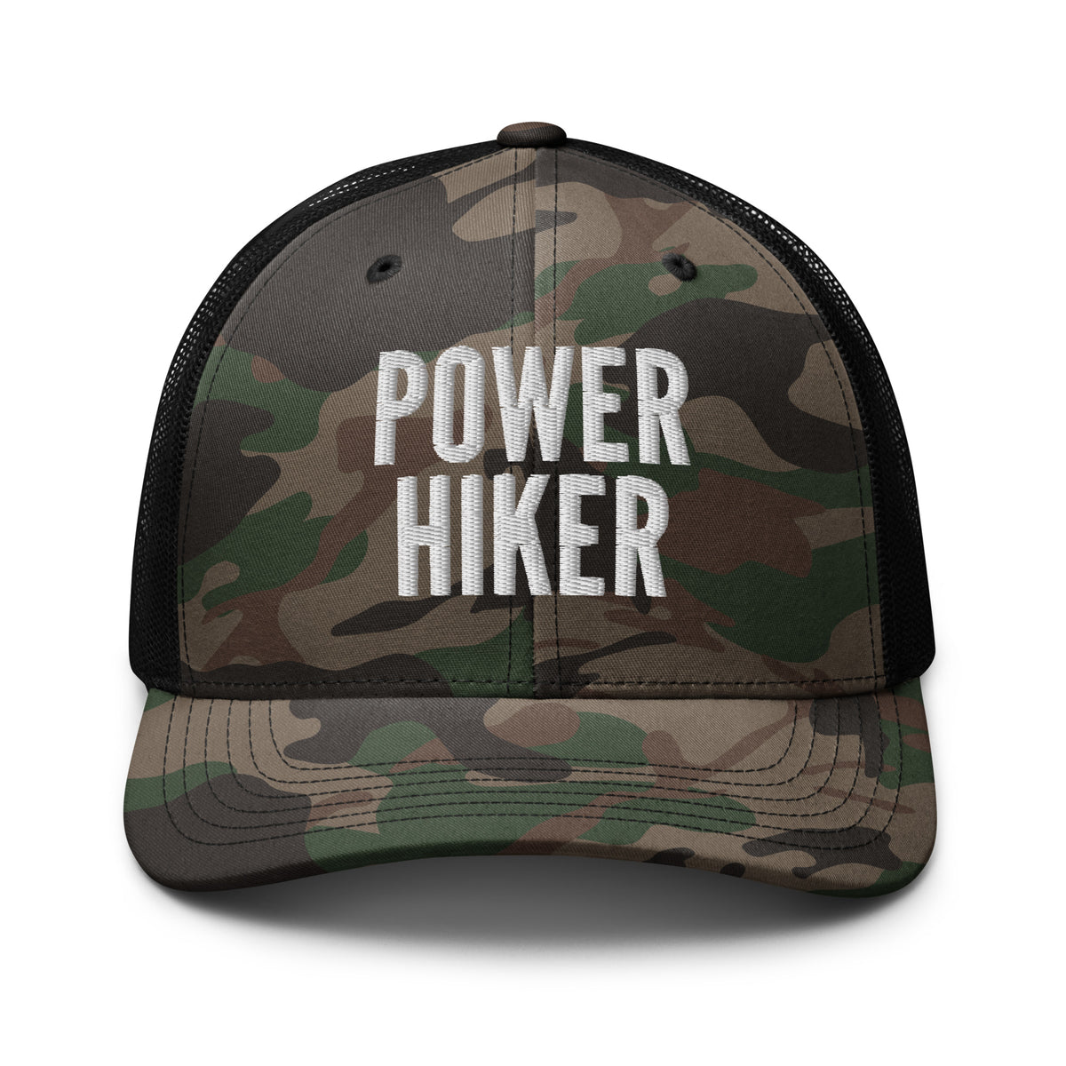 Power Hiker camo trucker hat white embroidery front view – funny hiking cap for men and women