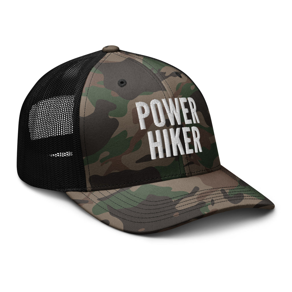 Power Hiker camo trucker hat white embroidery side view – trail hiking cap with snapback fit