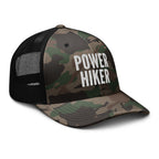 Power Hiker camo trucker hat white embroidery side view – trail hiking cap with snapback fit