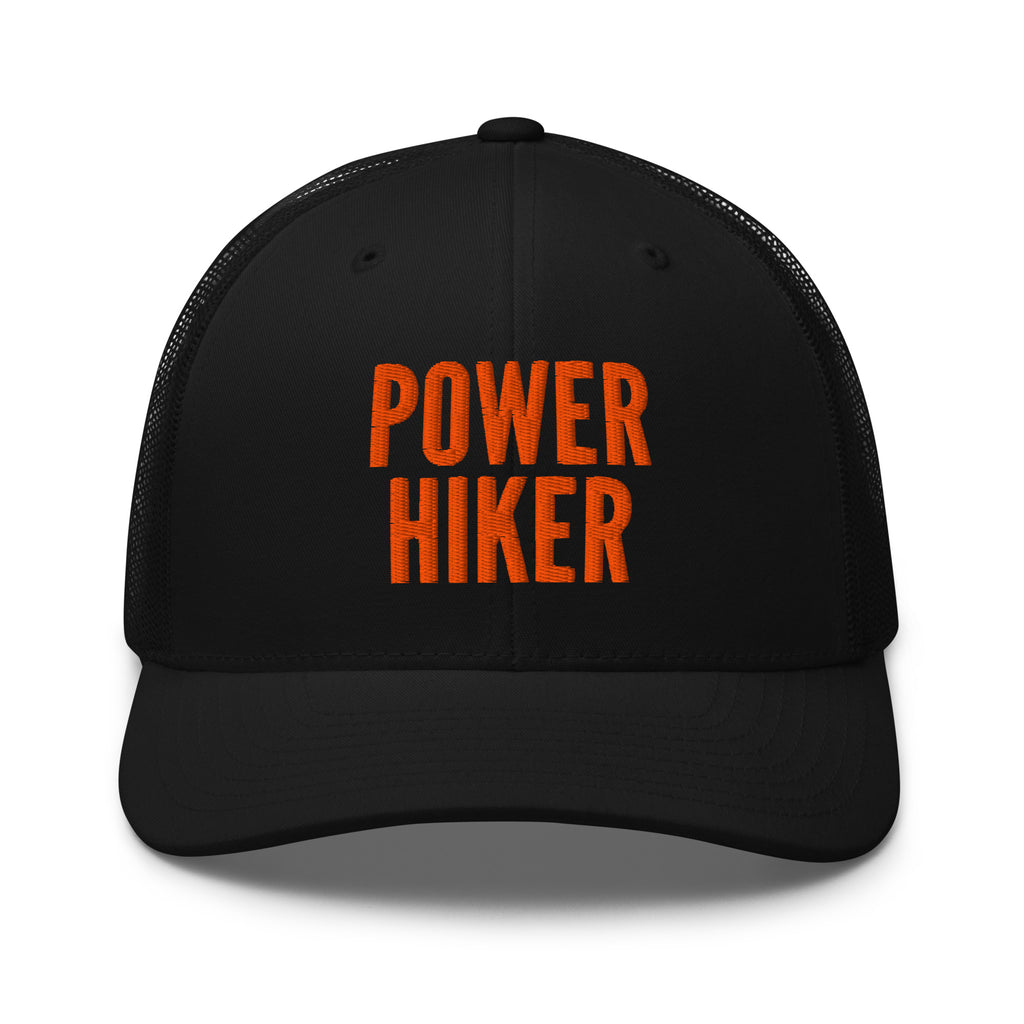 Power Hiker embroidered black trucker hat orange text front view – hiking cap for trail hikers