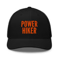 Power Hiker embroidered black trucker hat orange text front view – hiking cap for trail hikers