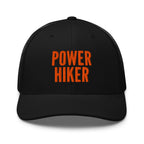 Power Hiker embroidered black trucker hat orange text front view – hiking cap for trail hikers