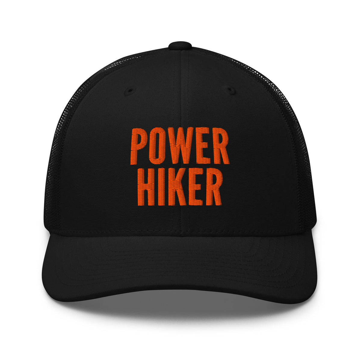 Power Hiker embroidered black trucker hat orange text front view – hiking cap for trail hikers