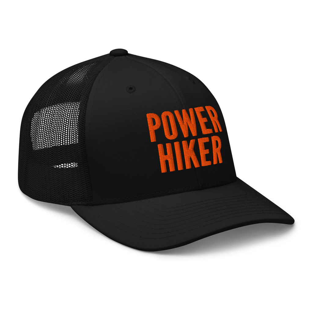 Black Power Hiker trucker hat orange embroidery side view – outdoor hiking cap for men and women
