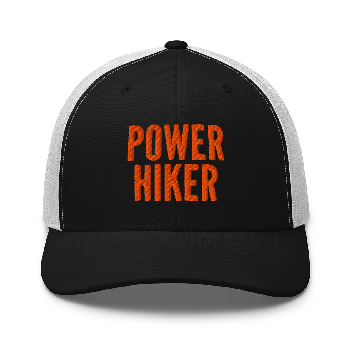 Power Hiker embroidered black trucker hat white mesh orange text front view – hiking cap