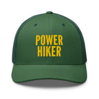 Power Hiker embroidered evergreen trucker hat gold text front view – hiking cap for outdoor lovers