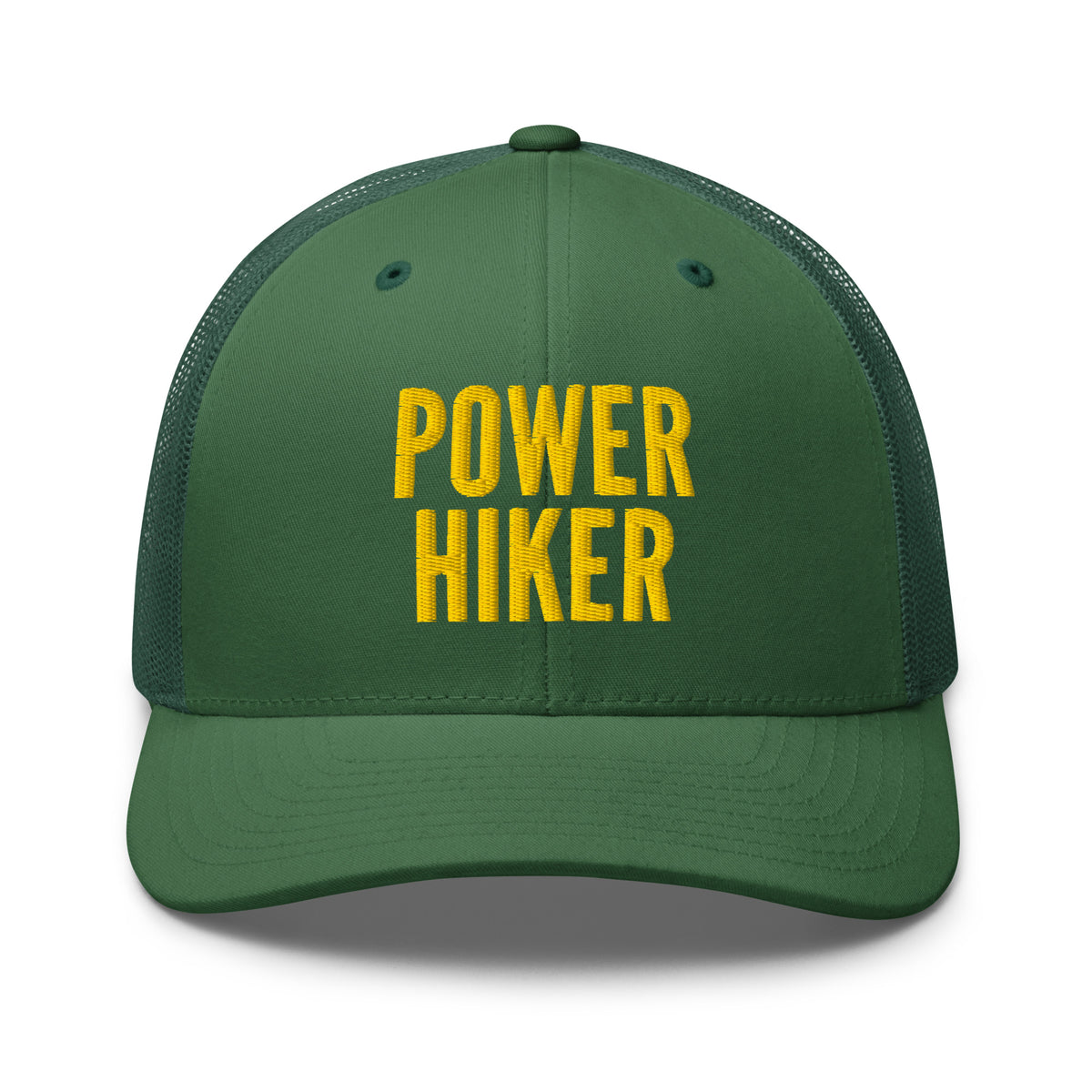 Power Hiker embroidered evergreen trucker hat gold text front view – hiking cap for outdoor lovers