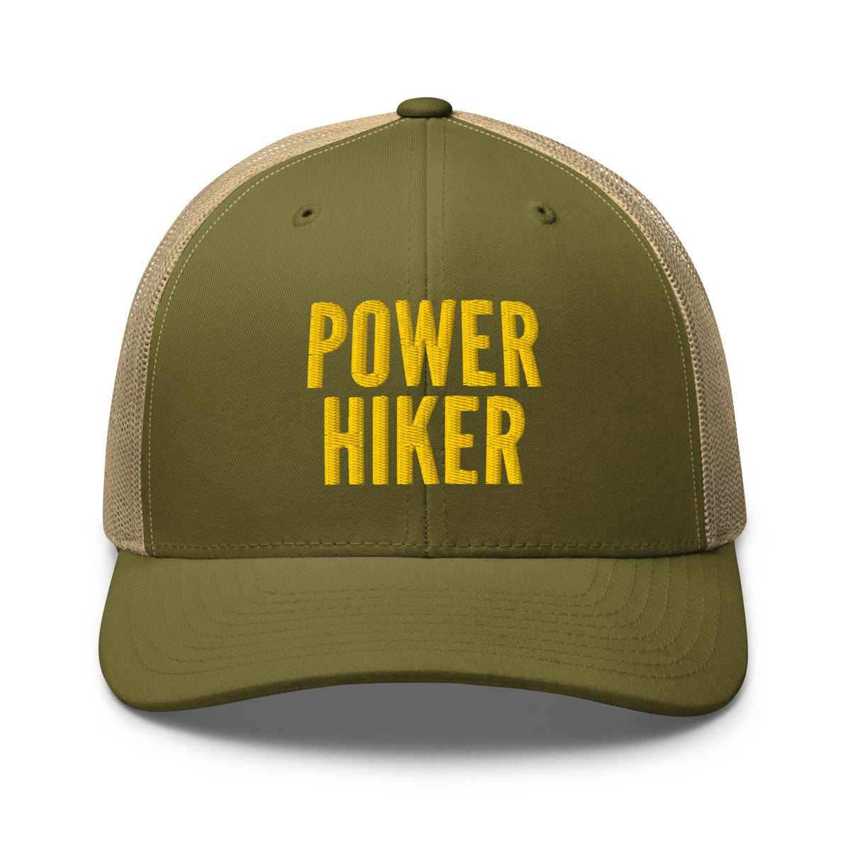 Power Hiker embroidered moss trucker hat khaki mesh gold text front view – outdoor hiking cap