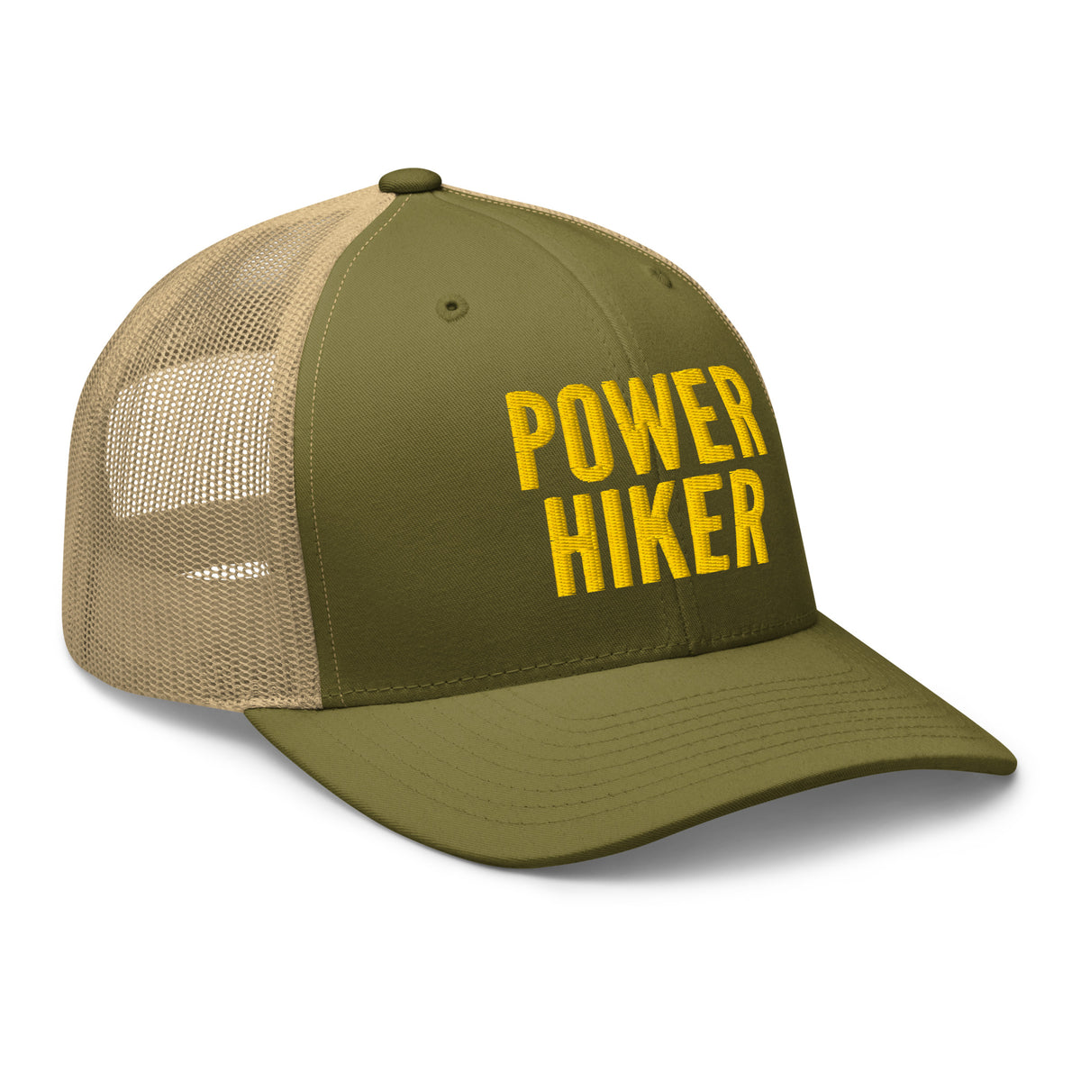 Moss and khaki mesh Power Hiker trucker hat gold embroidery side view – embroidered cap for hikers