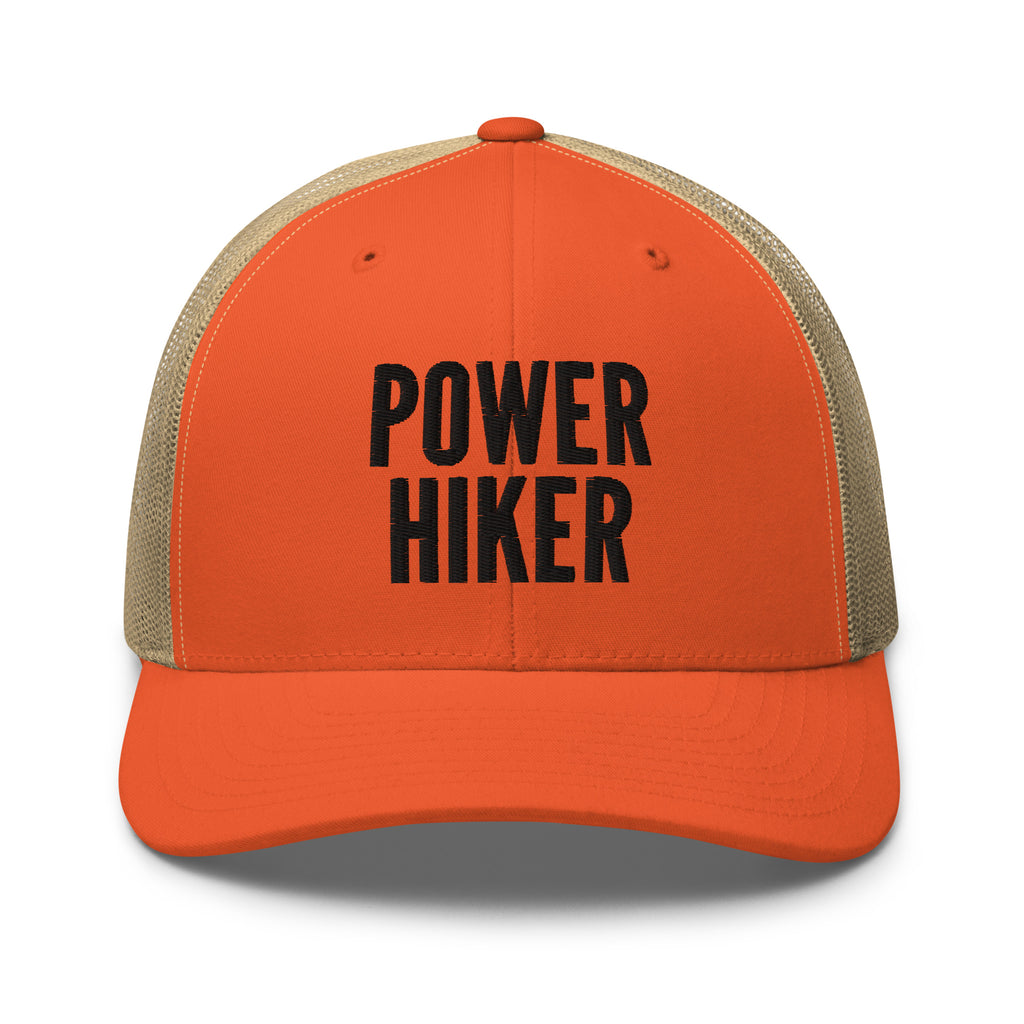 Power Hiker embroidered rustic orange trucker hat khaki mesh black text front view – outdoor hiking cap