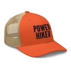 Rustic orange and khaki mesh Power Hiker trucker hat black embroidery side view – trail hiking cap