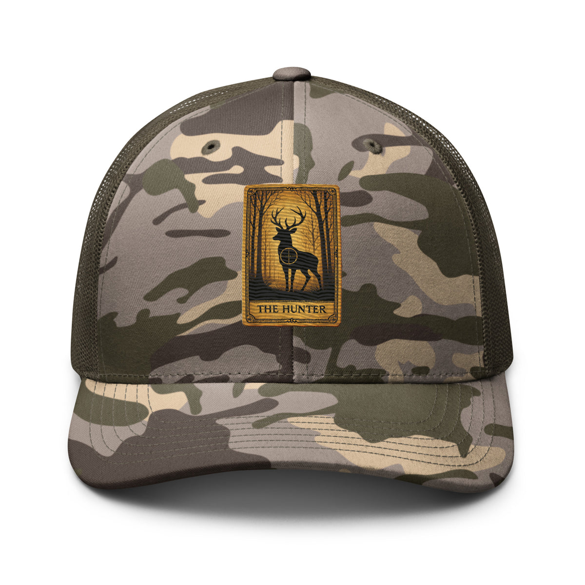 The Hunter tarot card embroidered camo trucker hat front view – deer hunting cap