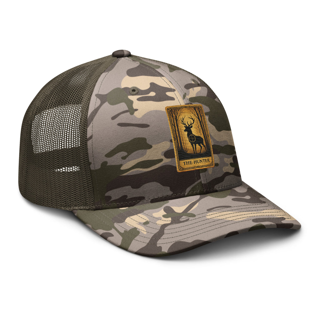 The Hunter tarot card embroidered camo trucker hat side view – deer hunting cap