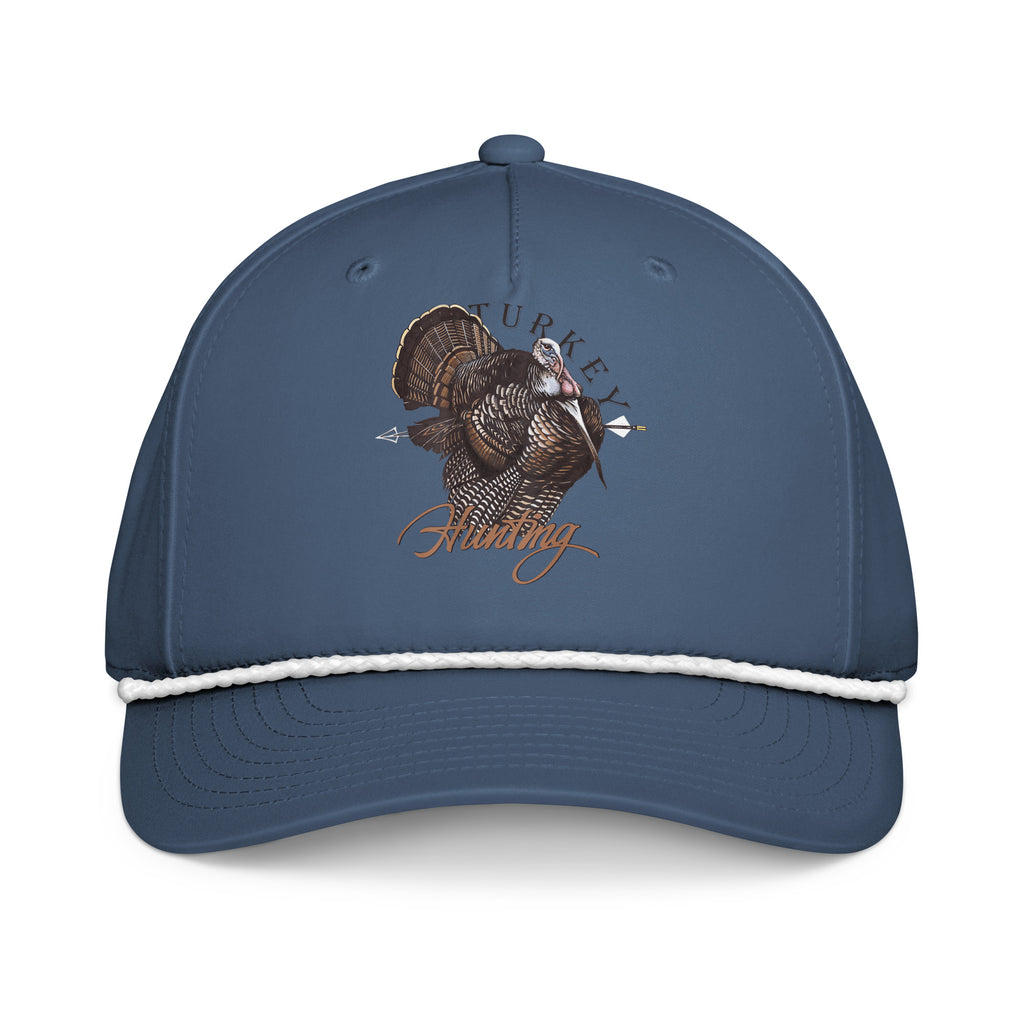 Turkey hunting light blue rope hat with white rope front view – outdoor turkey hunting cap