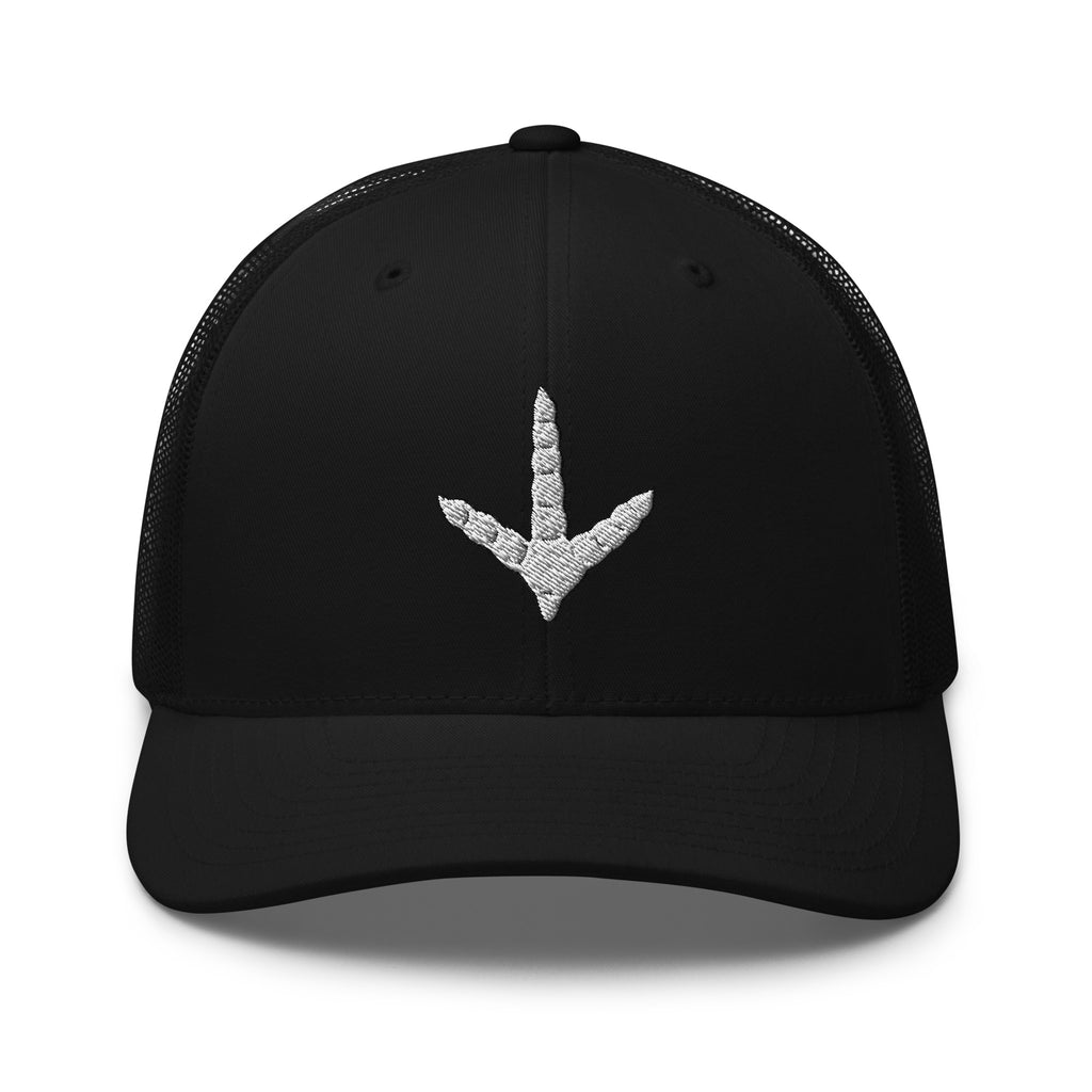 Turkey track embroidered black trucker hat front view – turkey hunting cap